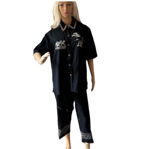 Vintage Kakcus Linen Rayon Blend Embroidery Safari Animal 2 Piece Set Sz L & XL
